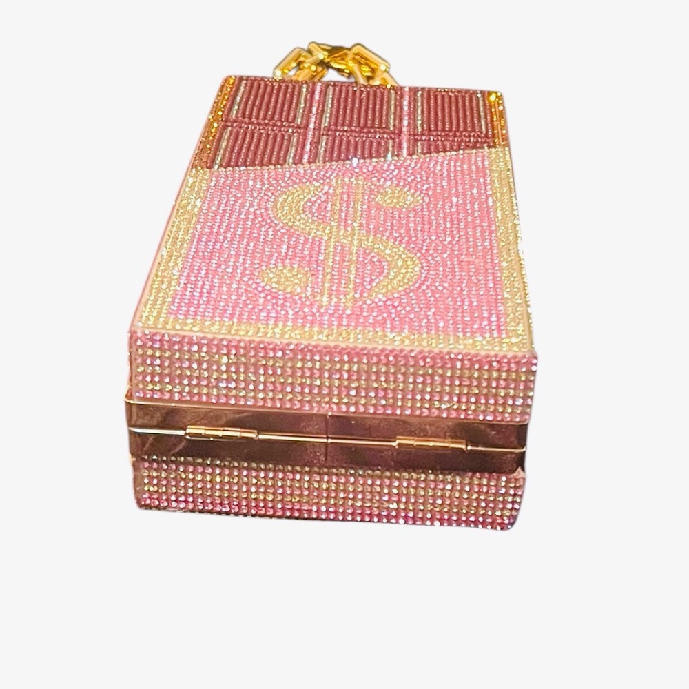 Gold  Chocolate Bar Money Sign Bling Rhinestone Clutch Bag Luxury - Picture 3 of 5